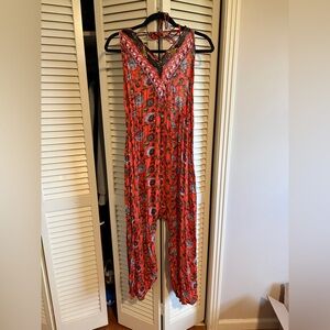 Free People Red Floral Jumpsuit with Pink and Black Accents